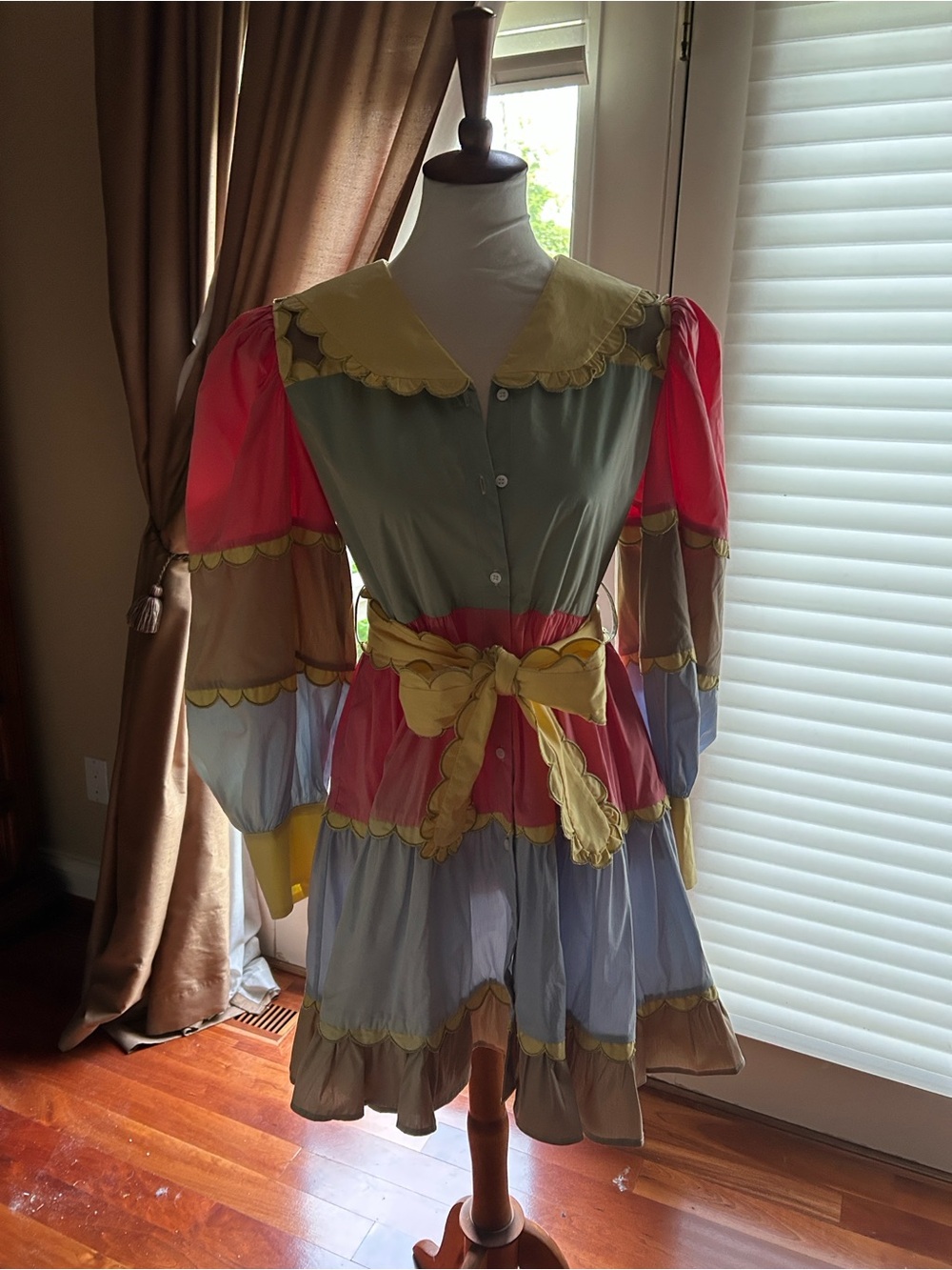 Scalloped Tiered Colorblock Mini Dress in Yellow, Pink, Olive & Light Blue